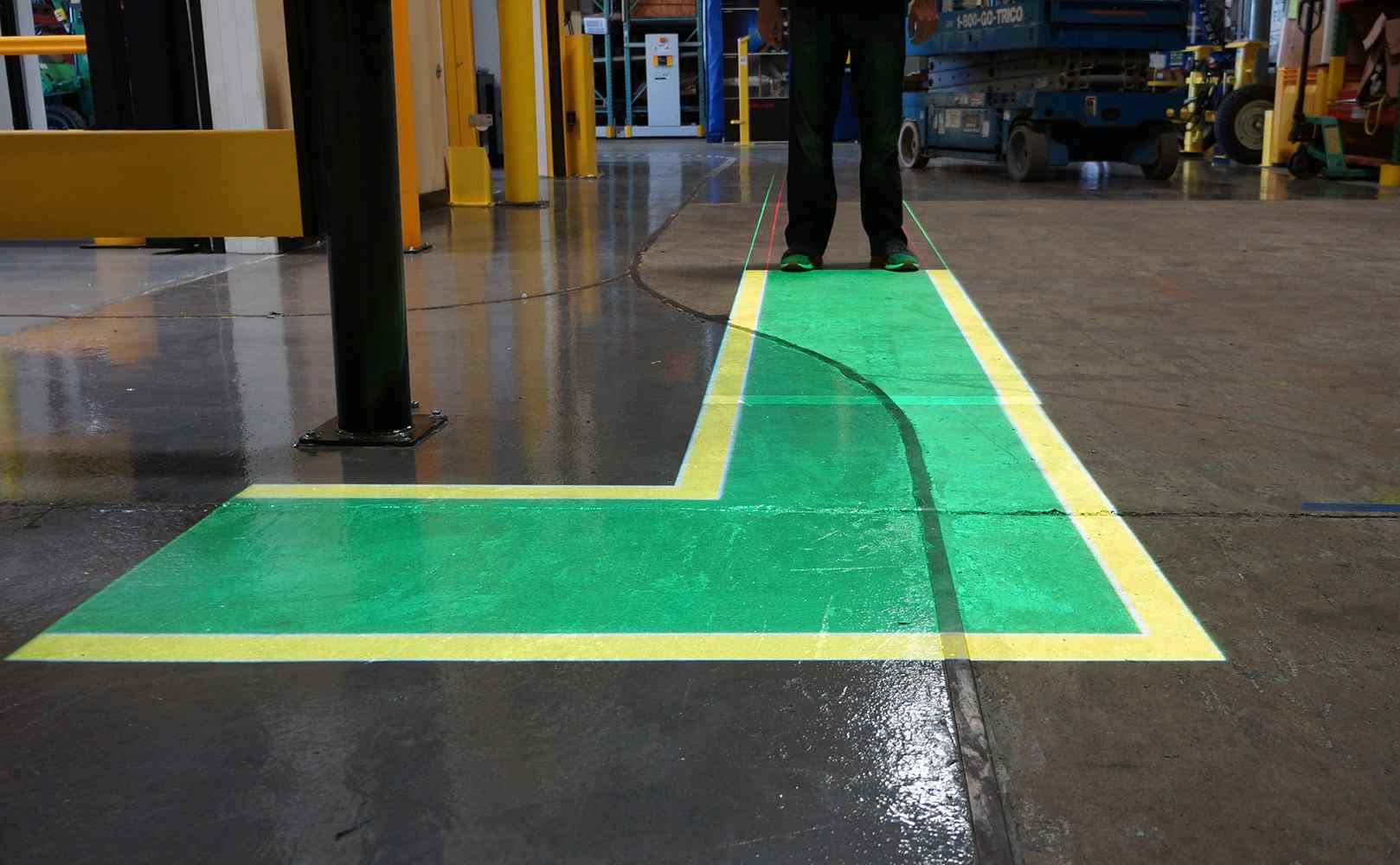 Angled Crosswalk projected onto the warehouse floor to mark pedestrian path