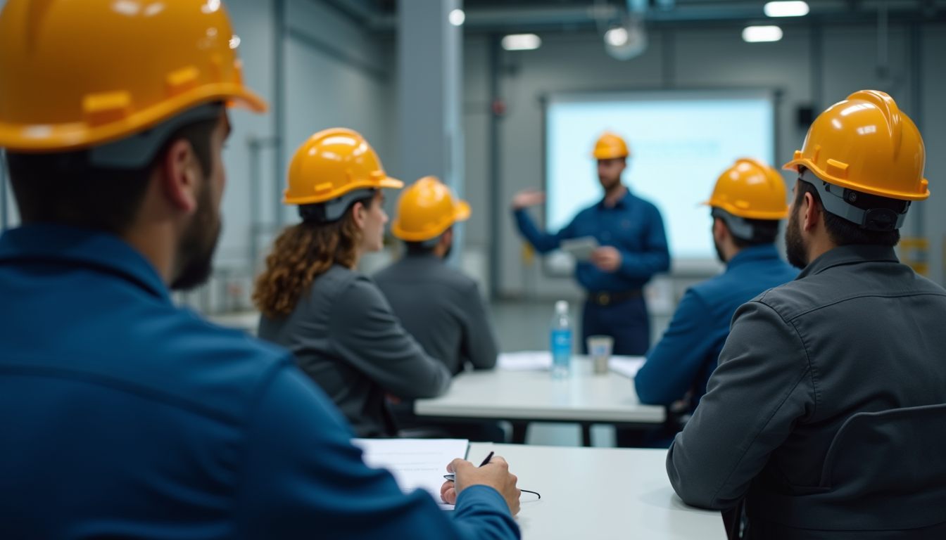 Workers attend a safety briefing inside an industrial facility.